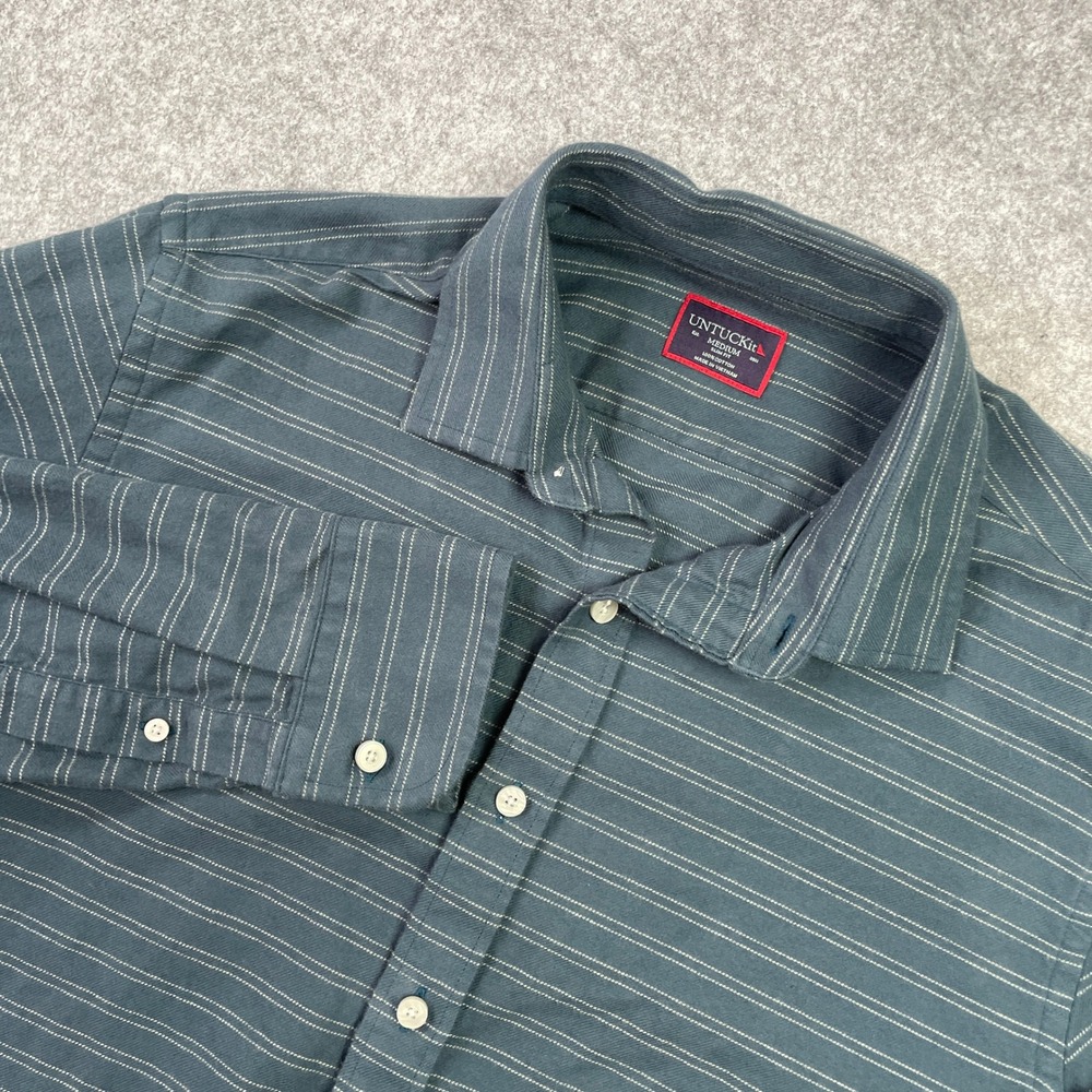 UNTUCKit Palmer Mens Shirt M Teal Striped Cotton Long Sleeve Slim Fit Casual